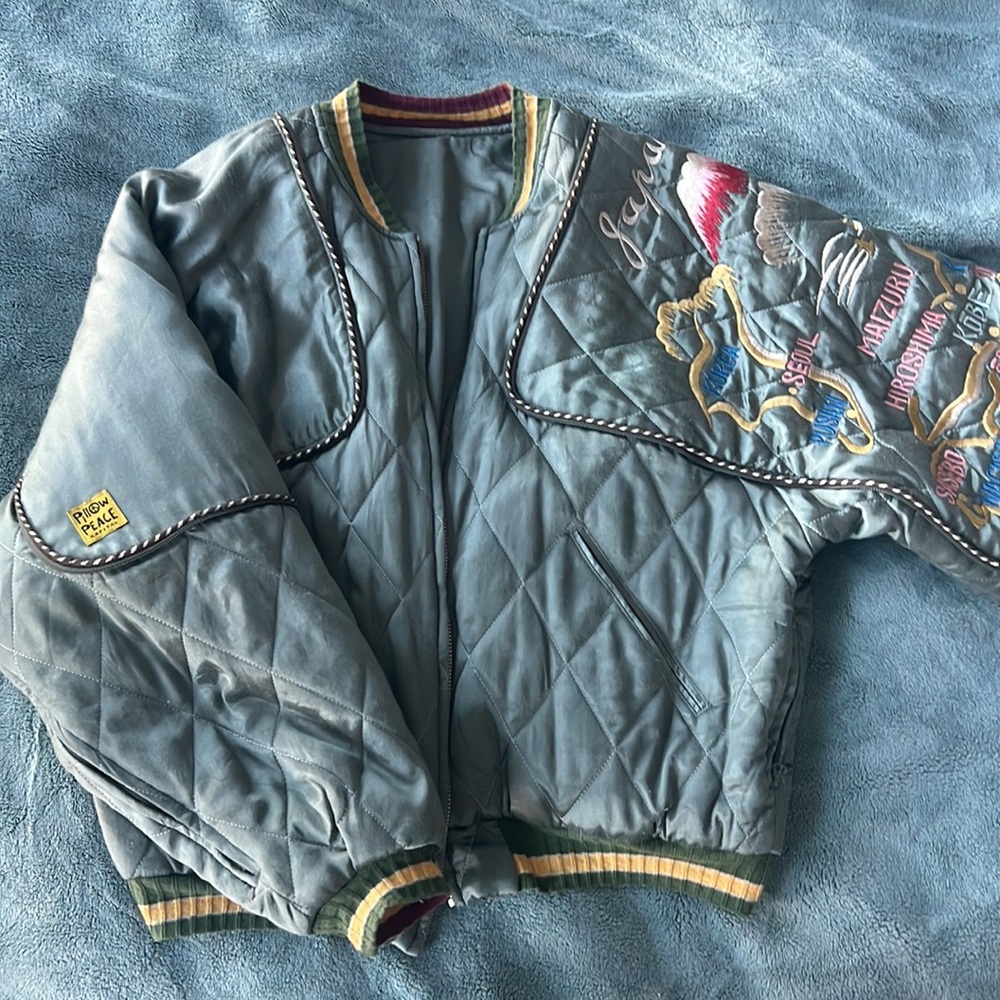 RARE Kapital Rayon Satin Quilting Japan Pillow Bomber Jacket Olive - Picture 11 of 11